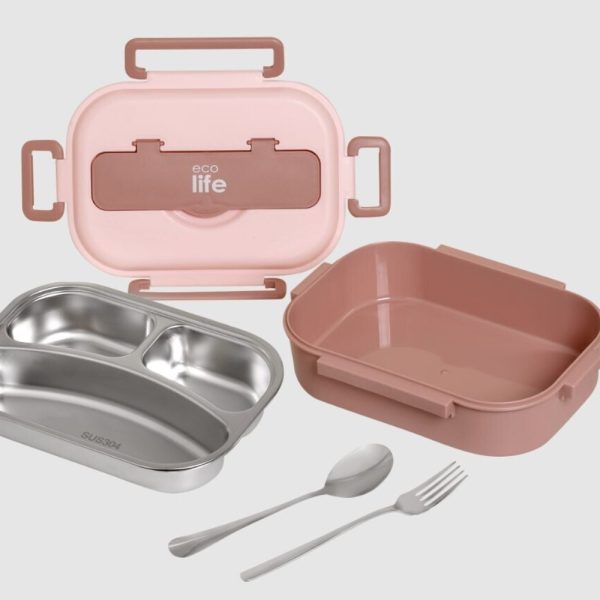 Φαγητοδοχείο με inox εσωτερικό & χωρίσματα 1lt. pink - Eco Life - Image 2