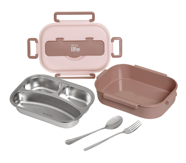 Φαγητοδοχείο με inox εσωτερικό & χωρίσματα 1lt. pink - Eco Life - Image 3