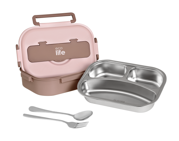Φαγητοδοχείο με inox εσωτερικό & χωρίσματα 1lt. pink - Eco Life - Image 2